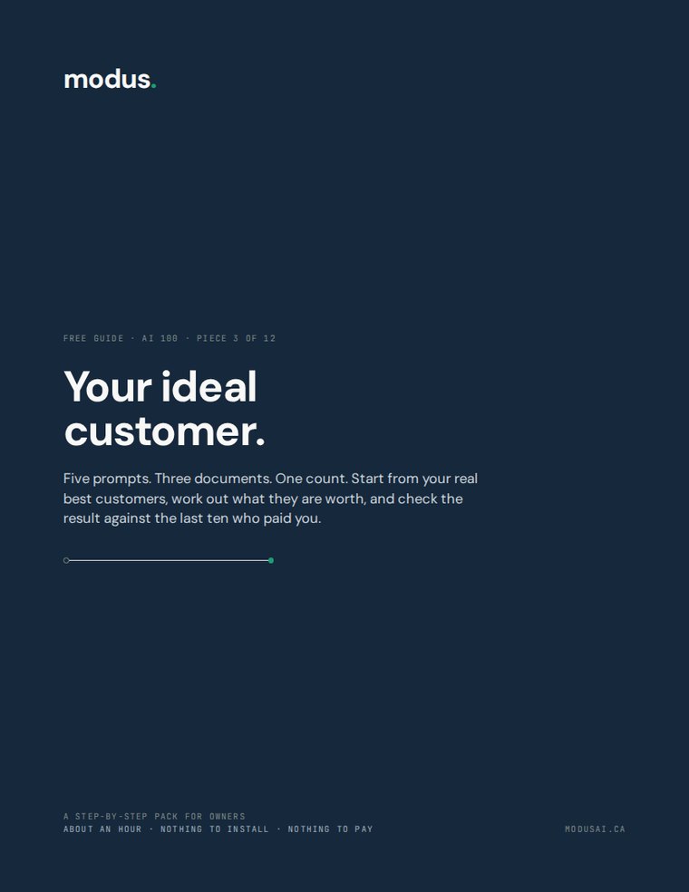 Guide cover: &ldquo;Your ideal customer&rdquo;, AI 100 piece 3, English edition.