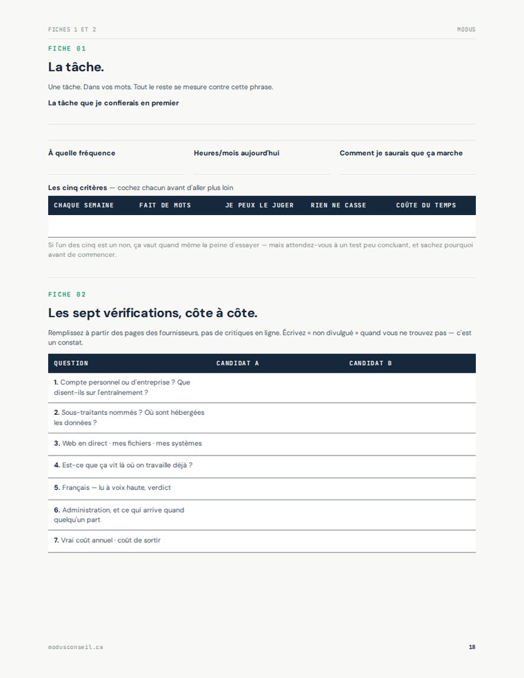 Guide page: printable worksheets, including the comparison grid for the seven checks.