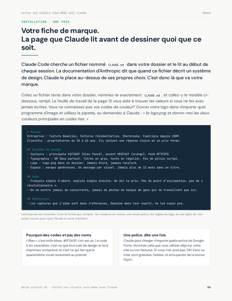 Guide page showing the brand-file template to paste into CLAUDE.md.