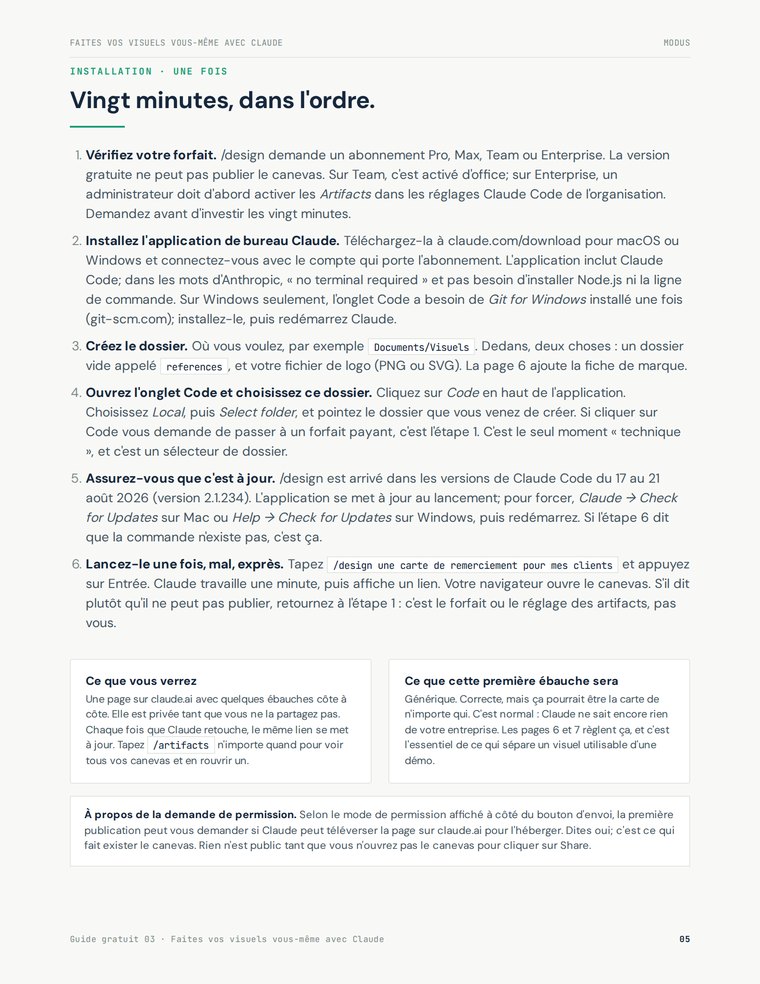 Guide page: the six-step setup, from the plan to the first try.