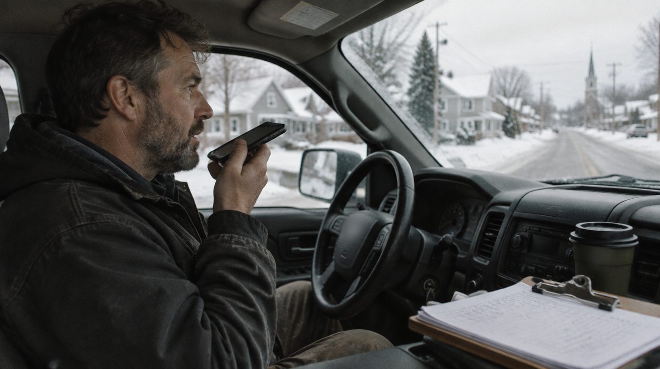 A contractor dictating a voice note on his phone in his pickup truck on a winter morning.