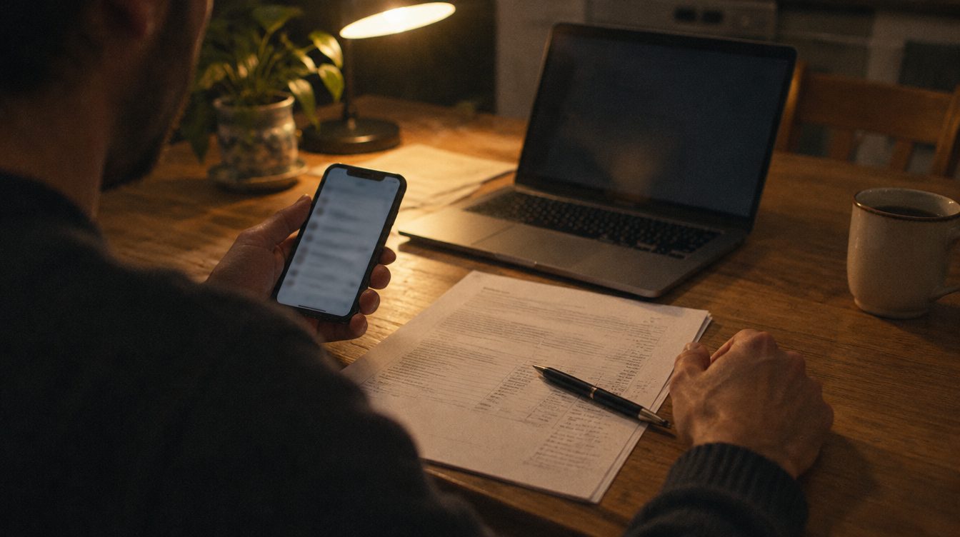 An owner at the kitchen table in the evening, reading an email on a phone next to a printed quote.